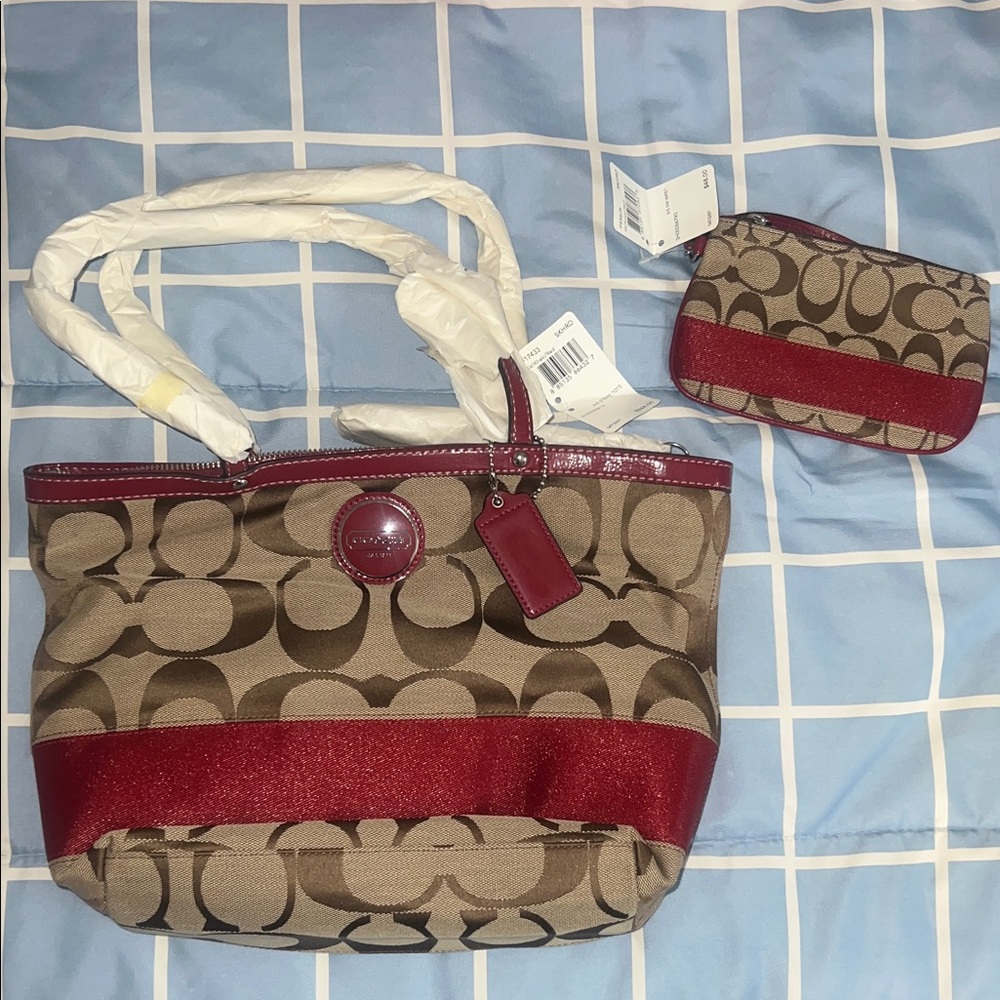 Coach Tan and Red Signature Tote Bag